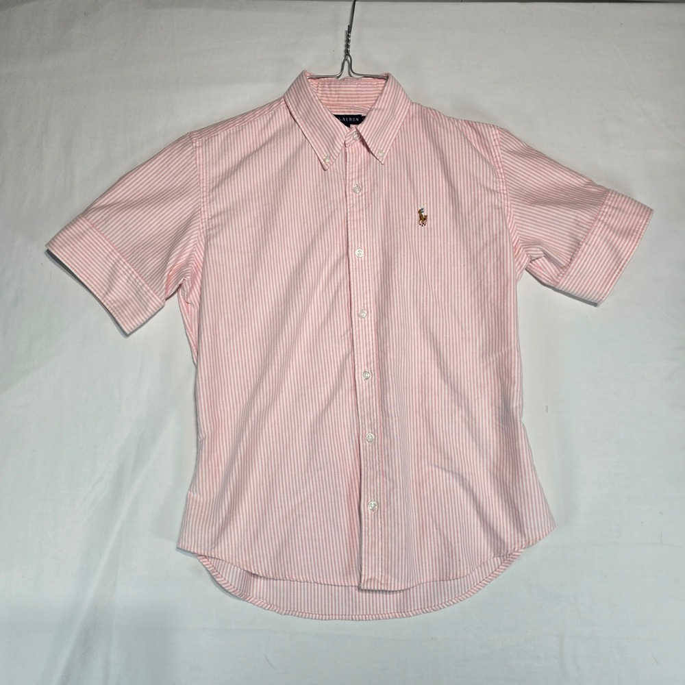 Ralph Lauren Pink White Striped Short Sleeve Button Down Shirt Cotton Size 6